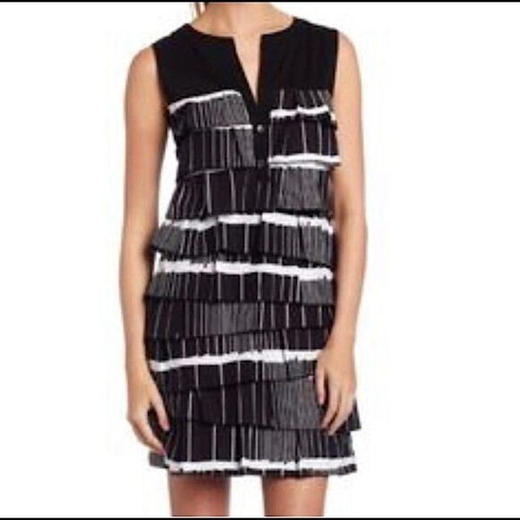 BCBGMaxazria Diana Layered Ruffle Striped Mini Dress XS Split Neck Black White - Picture 1 of 7